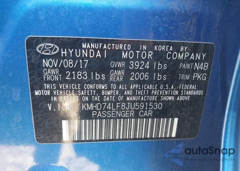 2018 Hyundai Elantra Se from USA, damaged, VIN KMHD74LF8JU591530